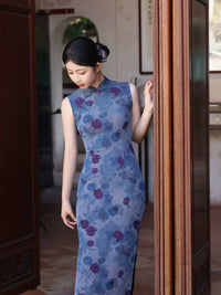 Blue Rose Floral Print Sleeveless Slim Mandarin Qipao Dress
