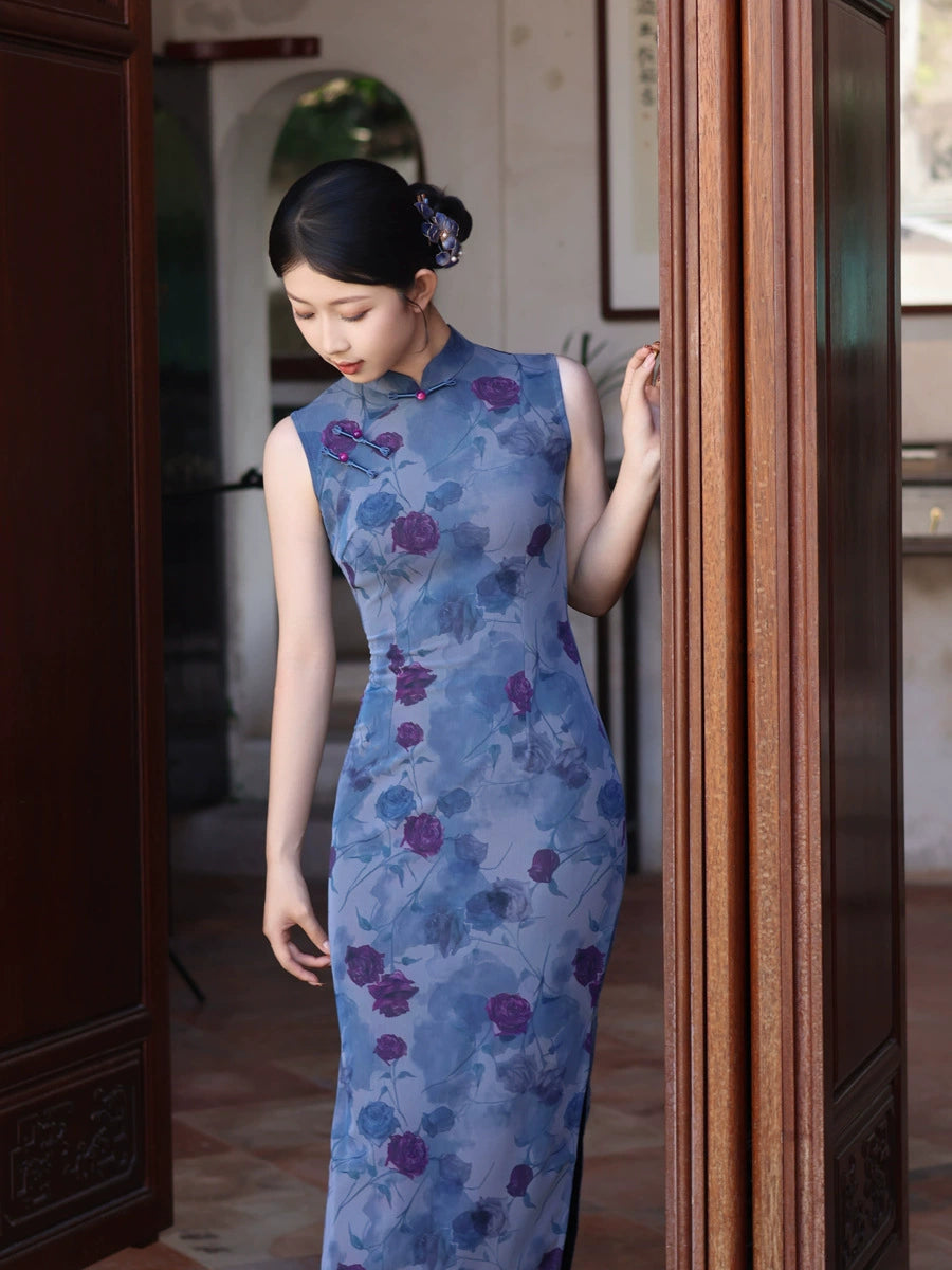 Blue Rose Floral Print Sleeveless Slim Mandarin Qipao Dress