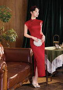 Classic Red Floral Qipao Dress for Women | Mandarin Collar Frog Button Slim Fit Cheongsam with Side Slit for Banquet