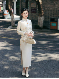 White Gold-Embroidered Winter Modern Qipao Elegant for Work & Banquets