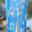 Sky Blue Floral Long Qipao Dress for Women | Mandarin Collar Frog Buttons Slim Fit Side Slit