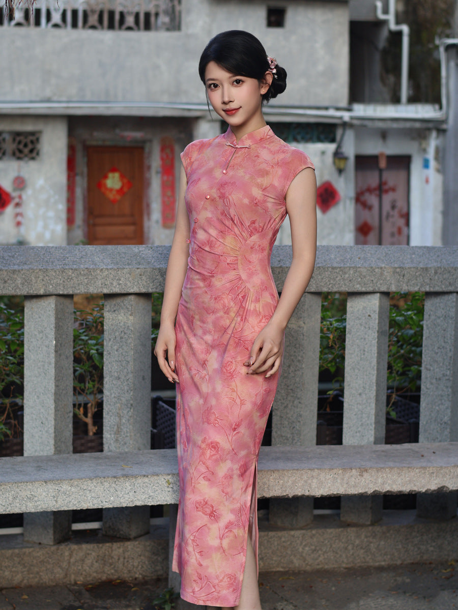 Pink Flocked Floral Print Sleeveless Mandarin Qipao Dress|Slim Mid Cheongsam