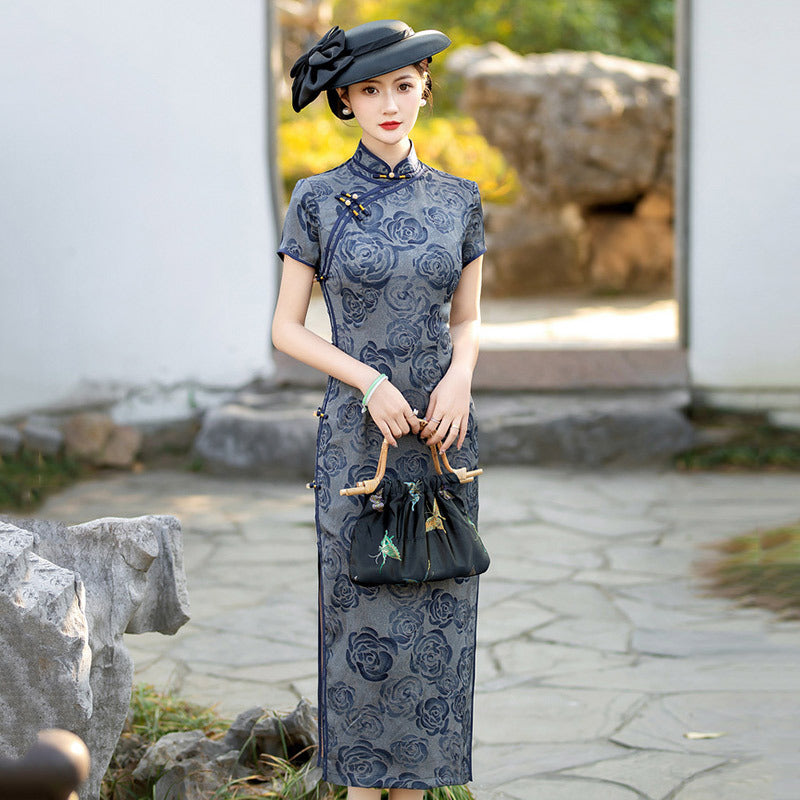 Elegant Vintage Floral Cheongsam Dress Chinese Qipao with Short Sleeves