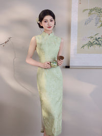 Mint Green Tonal Jacquard Sleeveless Qipao Maxi Dress | Mandarin Collar Slim Slit Cheongsam