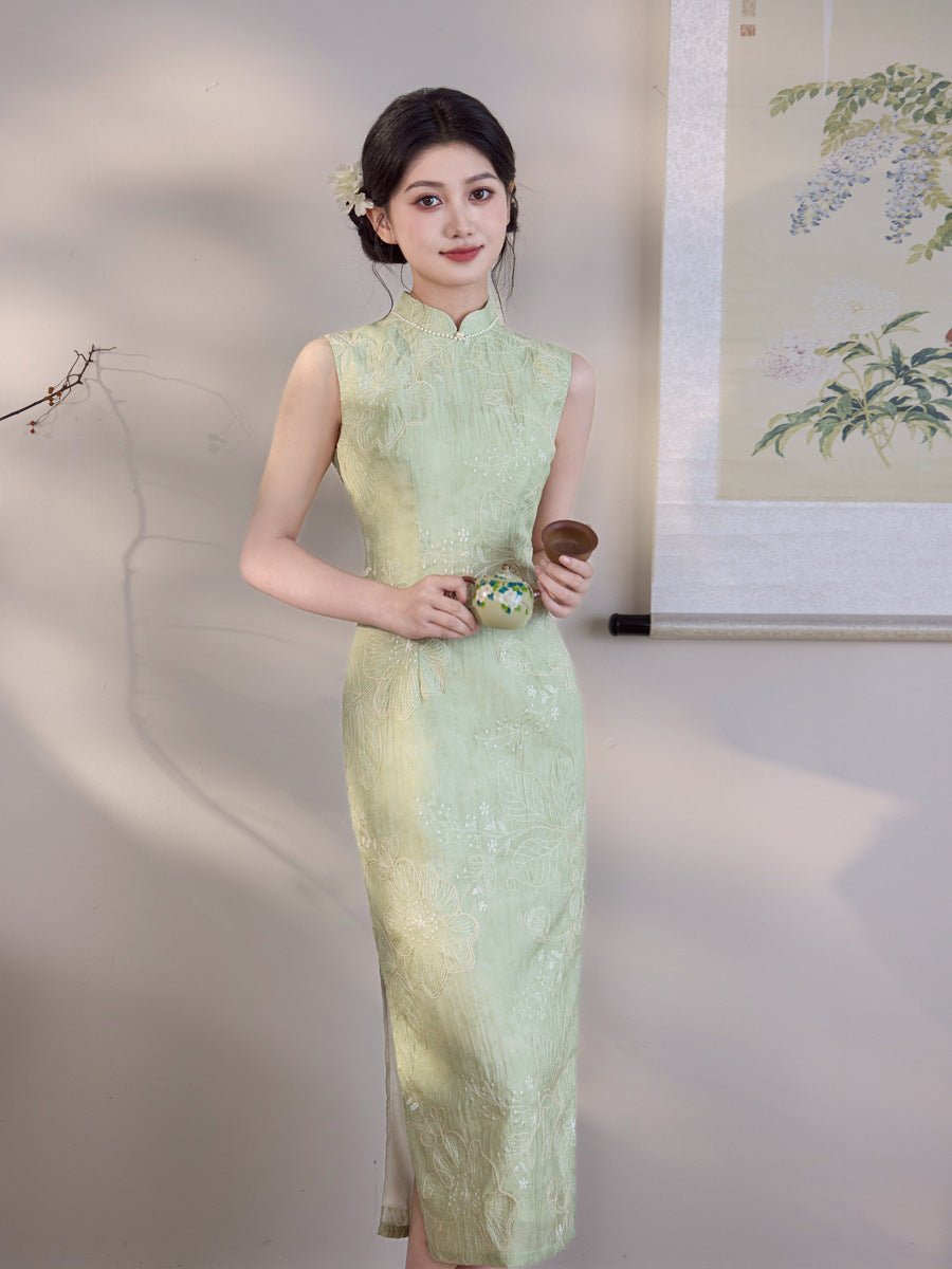 Mint Green Tonal Jacquard Sleeveless Qipao Maxi Dress | Mandarin Collar Slim Slit Cheongsam