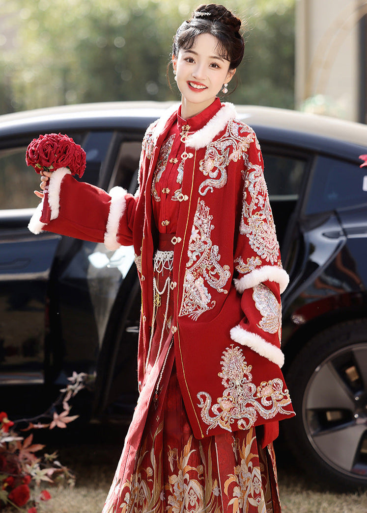 Red Mamianqun Bridal Toast Dress Set | Detachable Warm Cape
