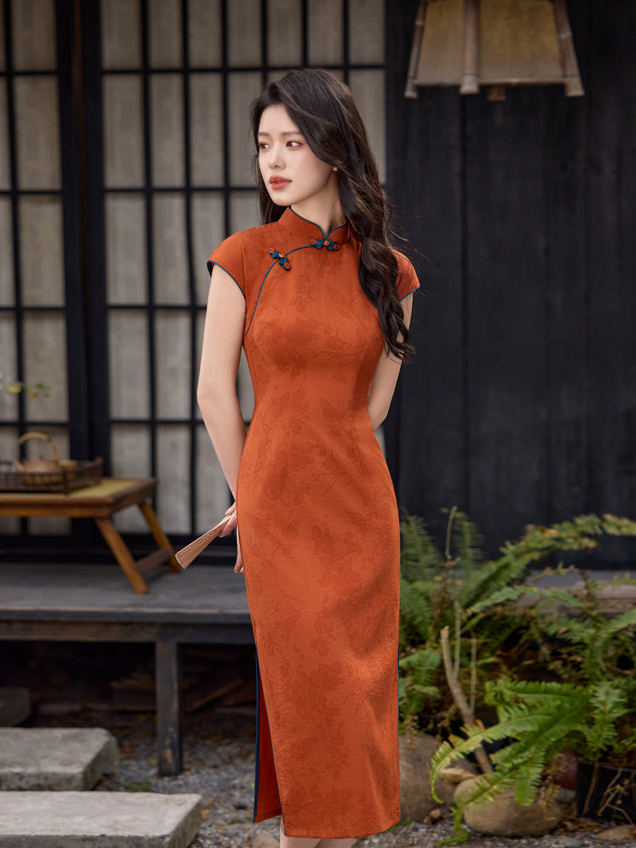 Orange Tonal Jacquard Short Sleeve Qipao Maxi Dress | Mandarin Collar Slit Cheongsam