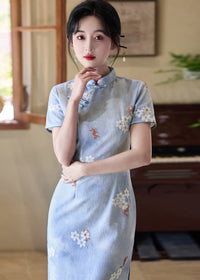 Blue Modern Qipao Mini | Petite Slim Fit & Retro Short-Sleeve for Summer