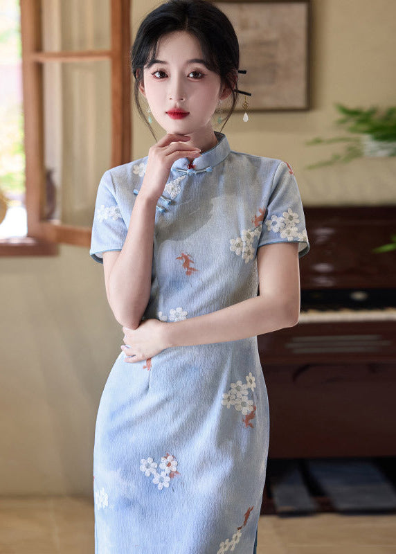 Blue Modern Qipao Mini | Petite Slim Fit & Retro Short-Sleeve for Summer