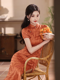 Rust Orange Jacquard Qipao Dress Short Sleeve Slim Mandarin Collar
