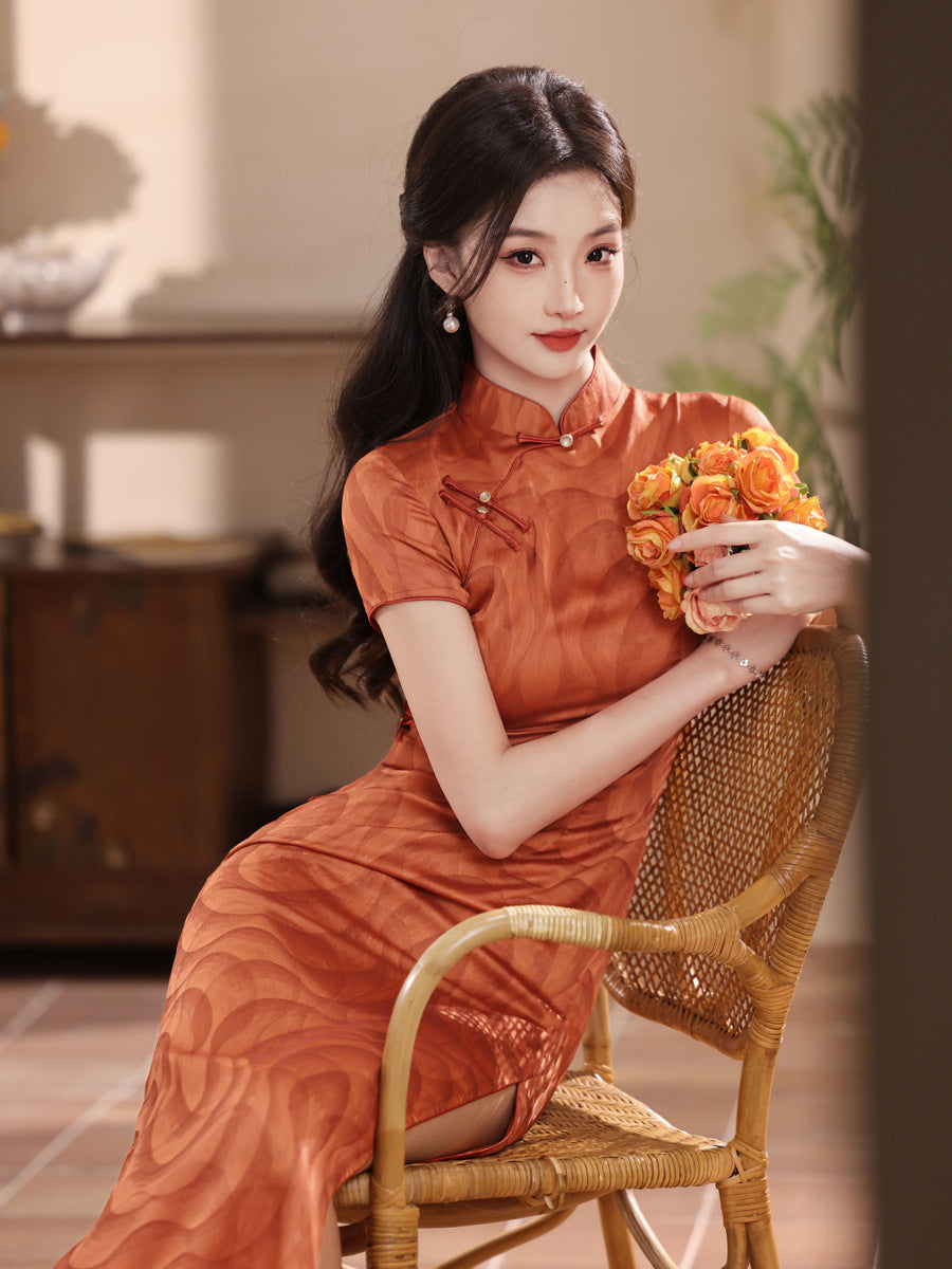 Rust Orange Jacquard Qipao Dress Short Sleeve Slim Mandarin Collar