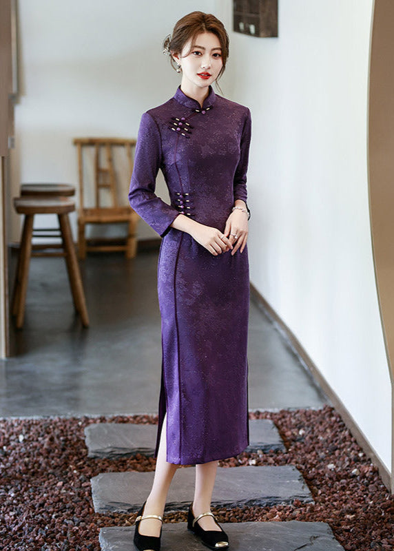 Purple Long-Sleeve Qipao for Mothers