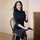 Black Tonal Floral Qipao | Three-Quarter Sleeve Cheongsam Dress