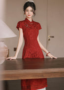 Wine Red Jacquard Mandarin Qipao Dress | A-Line Slim Waist Layered Pleated Tassel Skirt New Chinese Style
