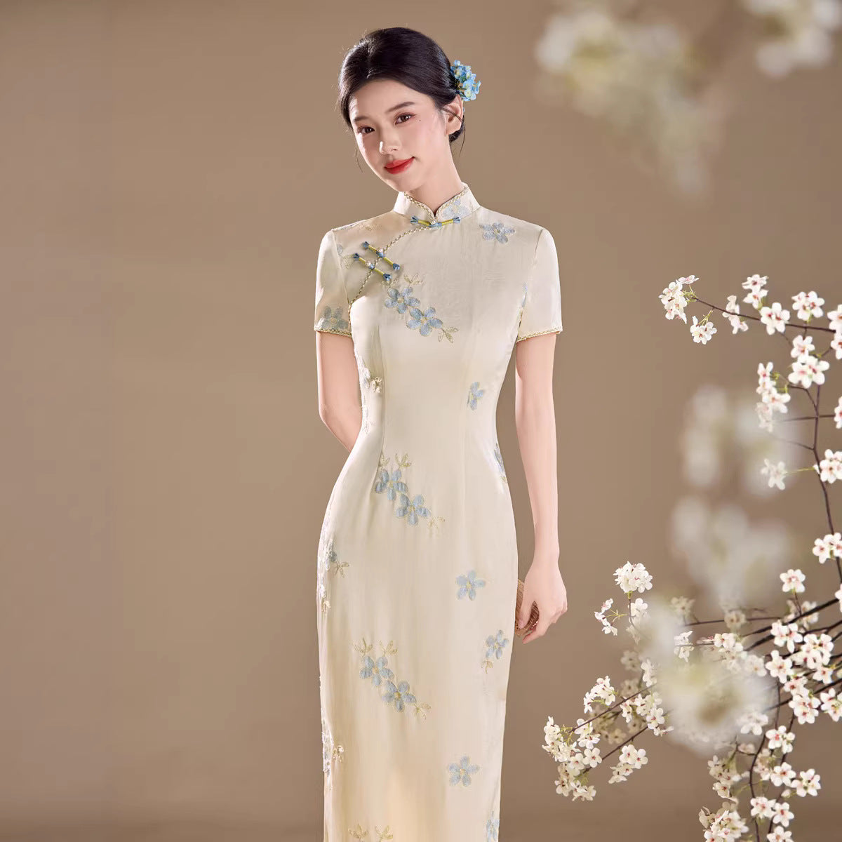 Ivory Blue Floral Embroidered Short Sleeve Qipao Maxi Dress | Mandarin Collar Slit Cheongsam