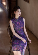 Purple Butterfly-Print Modern Qipao Midi | Sleeveless Mandarin Neck