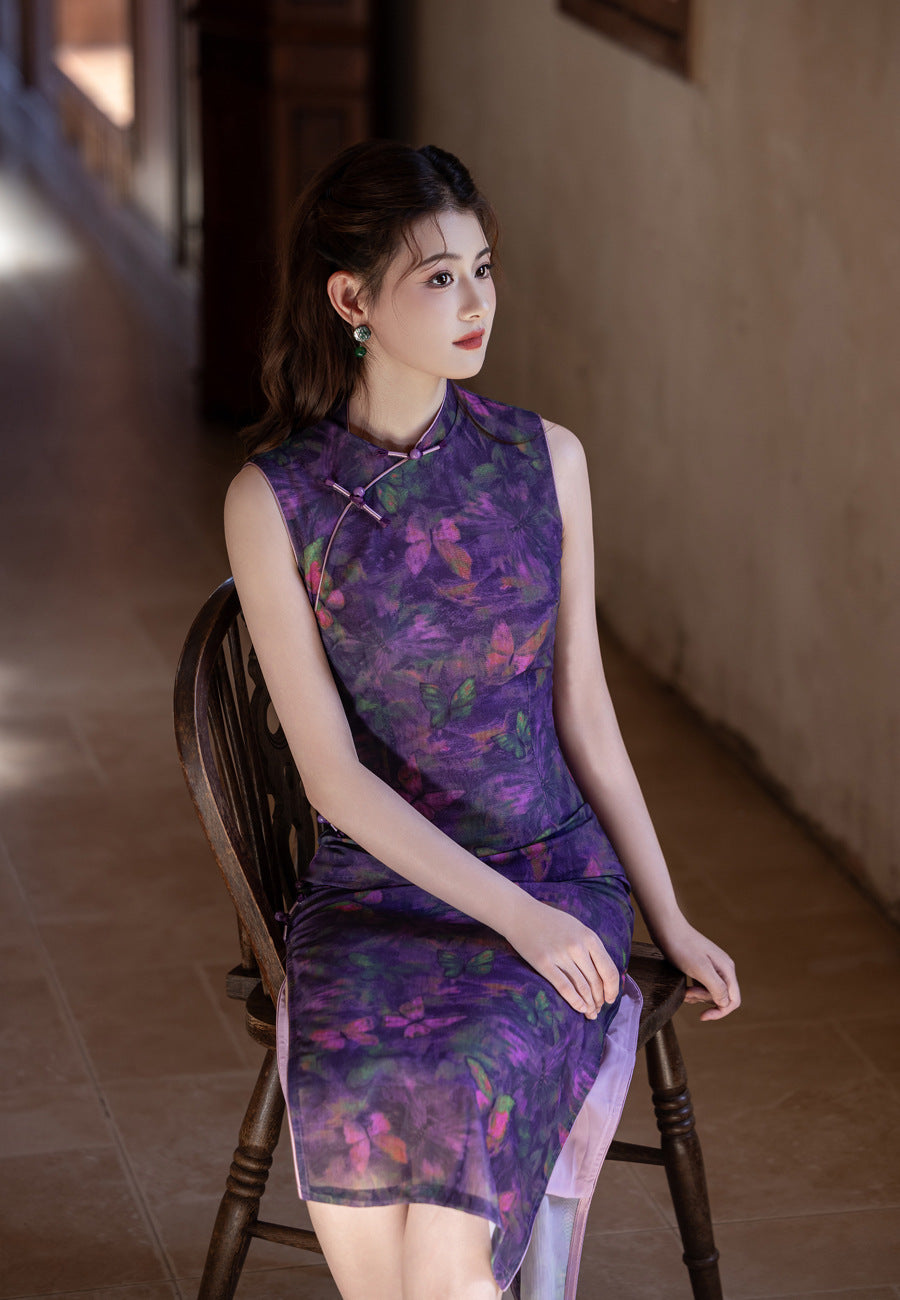 Purple Butterfly-Print Modern Qipao Midi | Sleeveless Mandarin Neck