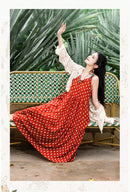 Red Bohemian Printed Cami Dress | V-Neck Spaghetti Straps | Tiered A-Line Maxi for Resort & Beach