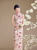 Butterfly Floral Print Sleeveless Qipao Maxi Dress | Mandarin Collar Slim Slit Cheongsam