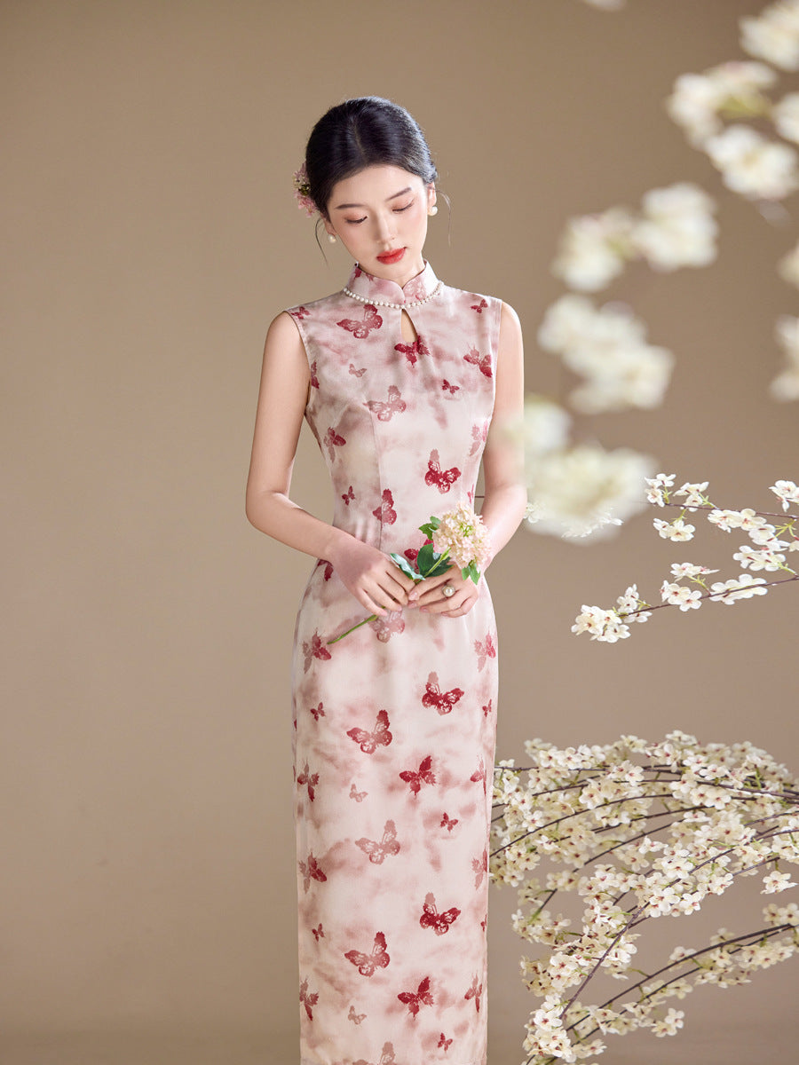 Butterfly Floral Print Sleeveless Qipao Maxi Dress | Mandarin Collar Slim Slit Cheongsam