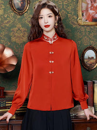 Elegant Chinese Style Silk Blouse with Embroidered Details for Hanfu Pairing