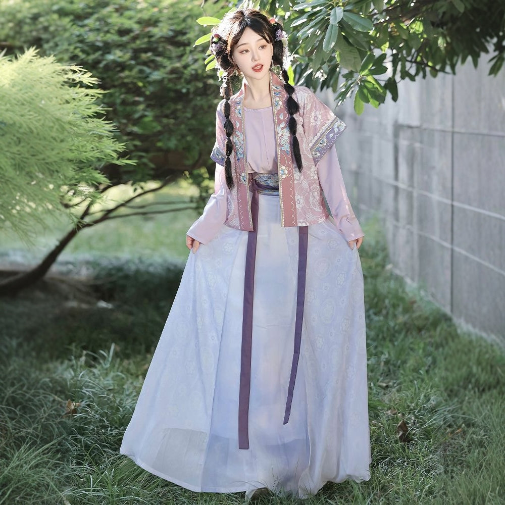 Elegant Purple and White Hanfu Dress with Floral Embroidery
