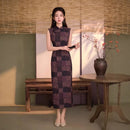 Vintage Purple & Black Checker Jacquard Sleeveless Qipao Dress | Mandarin Collar Slim Midi Cheongsam