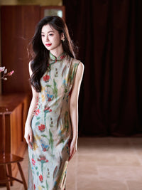 Watercolor-Print Sleeveless New-Chinese Qipao Dress | Morandi Tones, Slim Midi with Side Slit