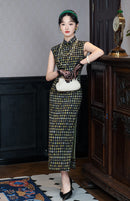 Vintage Diamond-Check Sleeveless Qipao | Black-Gold Slim Long Dress