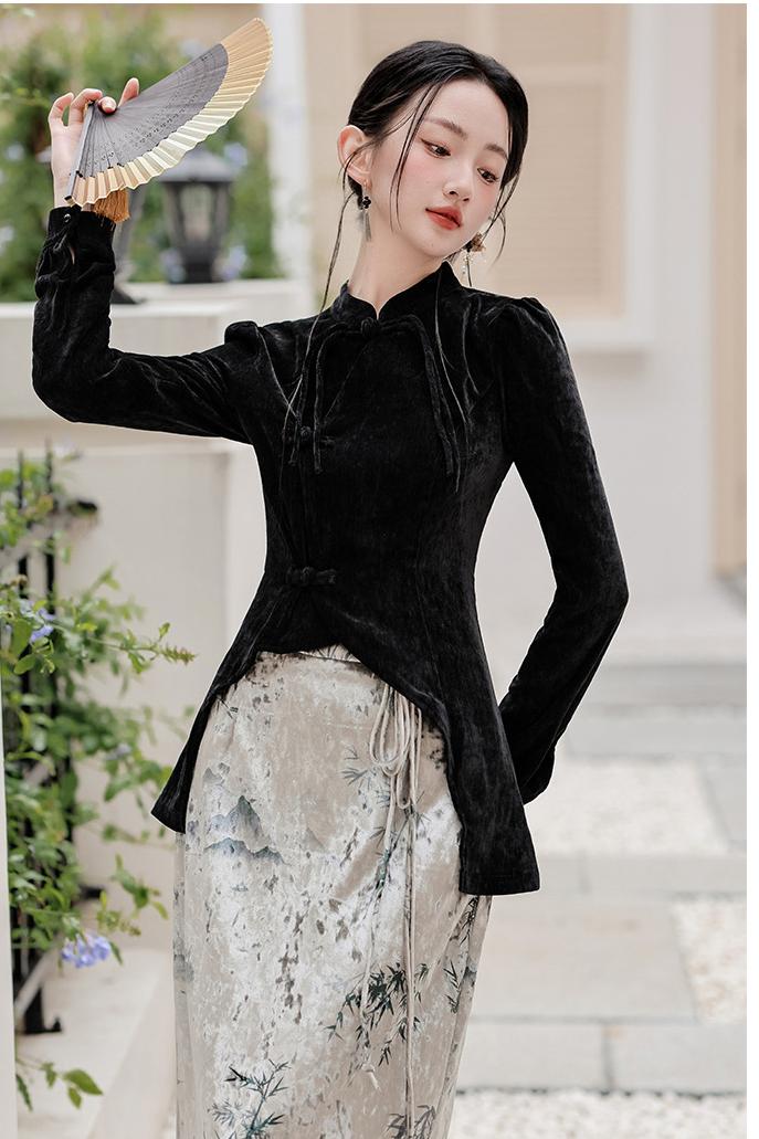 Vintage Velvet Black Top with Embroidered Silk Skirt