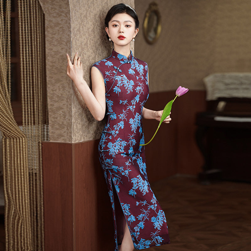 Elegant Burgundy Cheongsam with Blue Floral Embroidery for Traditional Occasions