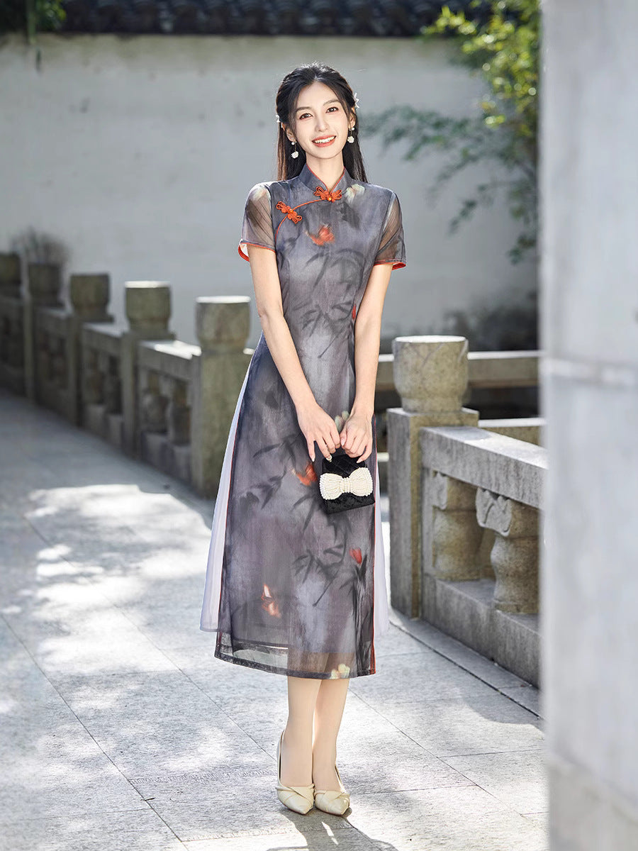 Elegant Sheer Butterfly Cheongsam Hanfu-Inspired Retro Qipao Dress