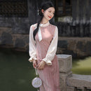 Elegant Pink Cheongsam Dress with White Bow for Hanfu Pairing