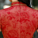 Burgundy Jacquard Qipao Dress Slim Fit Mandarin Collar Midi Cheongsam | Vintage New Chinese Style for Banquet Wedding Date