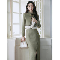 Green Tweed Suit with Ruffled Detail Skirt, Elegant Outfit for Women