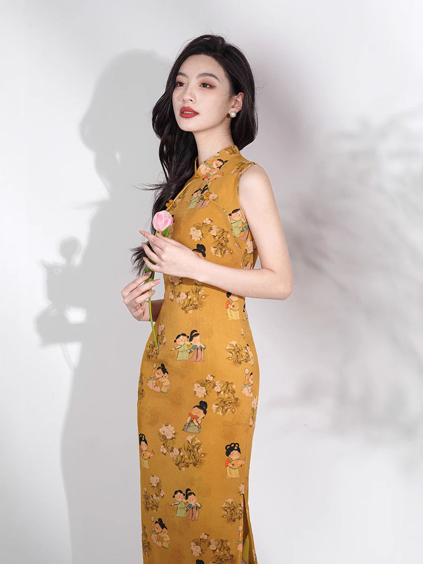 Vintage-Inspired Floral Cheongsam Dress Traditional Chinese Qipao Elegant Midi Gown