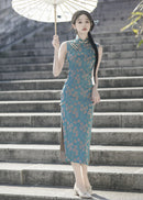 Peacock-Blue Vintage Jacquard Sleeveless Qipao | Slim Long Dress with Mandarin Collar, Frog Buttons & Side Slit