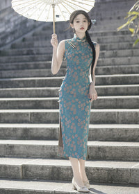 Peacock-Blue Vintage Jacquard Sleeveless Qipao | Slim Long Dress with Mandarin Collar, Frog Buttons & Side Slit