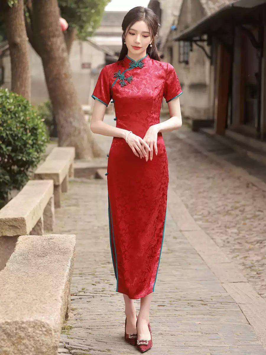 Vintage Chinese Jacquard Qipao Dress | Slim Fit Mandarin Collar Cheongsam
