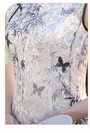 Chinese-style Sleeveless Cheongsam | Bamboo Leaf Butterfly Embroidered Qipao