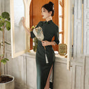 Elegant Dark Green Cheongsam Dress for Women with Half Sleeves and High Slit