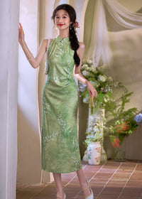 Cool-Green Modern Chinese Qipao | Sleeveless Mandarin Maxi Dress