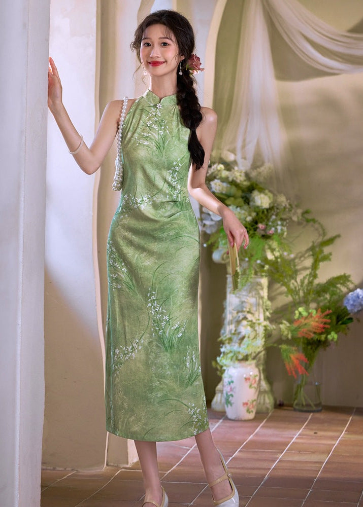 Cool-Green Modern Chinese Qipao | Sleeveless Mandarin Maxi Dress