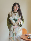 优雅绿色汉服内搭花卉图案背心套装