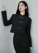 Black Modern Tang Suit Set | Mandarin-Collar Jacket & Slit Maxi Skirt for Early Spring