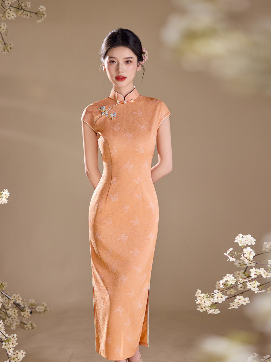 Orange Tonal Jacquard Short Sleeve Qipao Maxi Dress | Mandarin Collar Slit Cheongsam