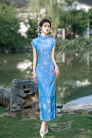 Sky Blue Floral Long Qipao Dress for Women | Mandarin Collar Frog Buttons Slim Fit Side Slit