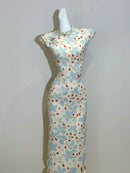 Blue Floral Berry Print Qipao Dress | Slim Mandarin Midi Look
