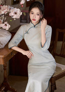 Ice-Blue Jacquard Qipao | 3/4 Sleeve Slim Long Dress