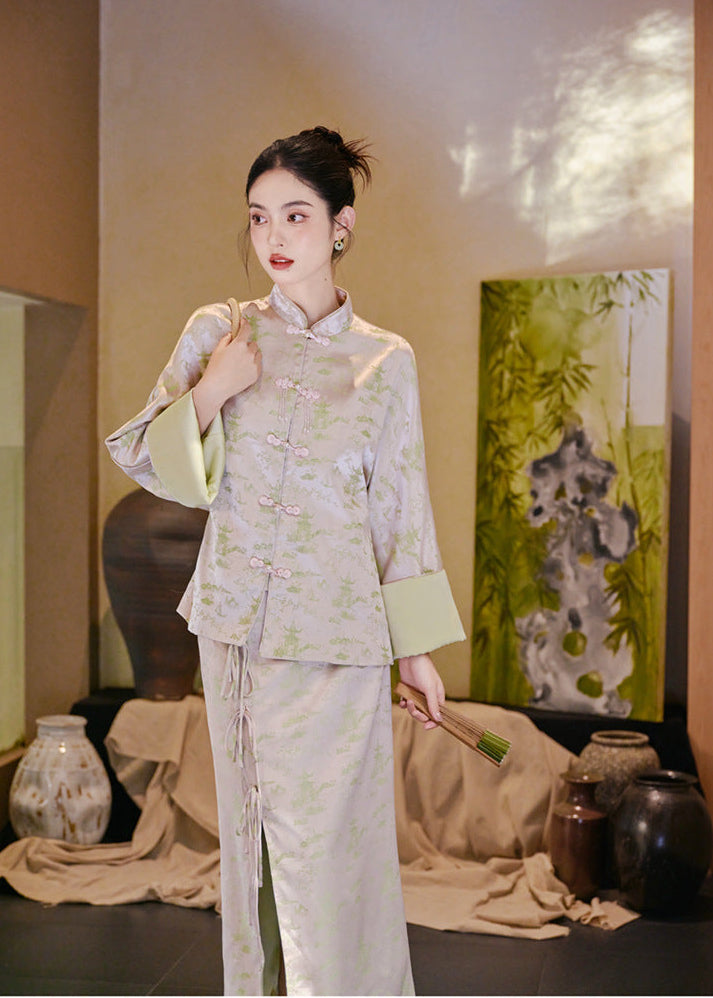 New-Chinese Zen Set | Mandarin Top & Slit Skirt Qipao Co-ord